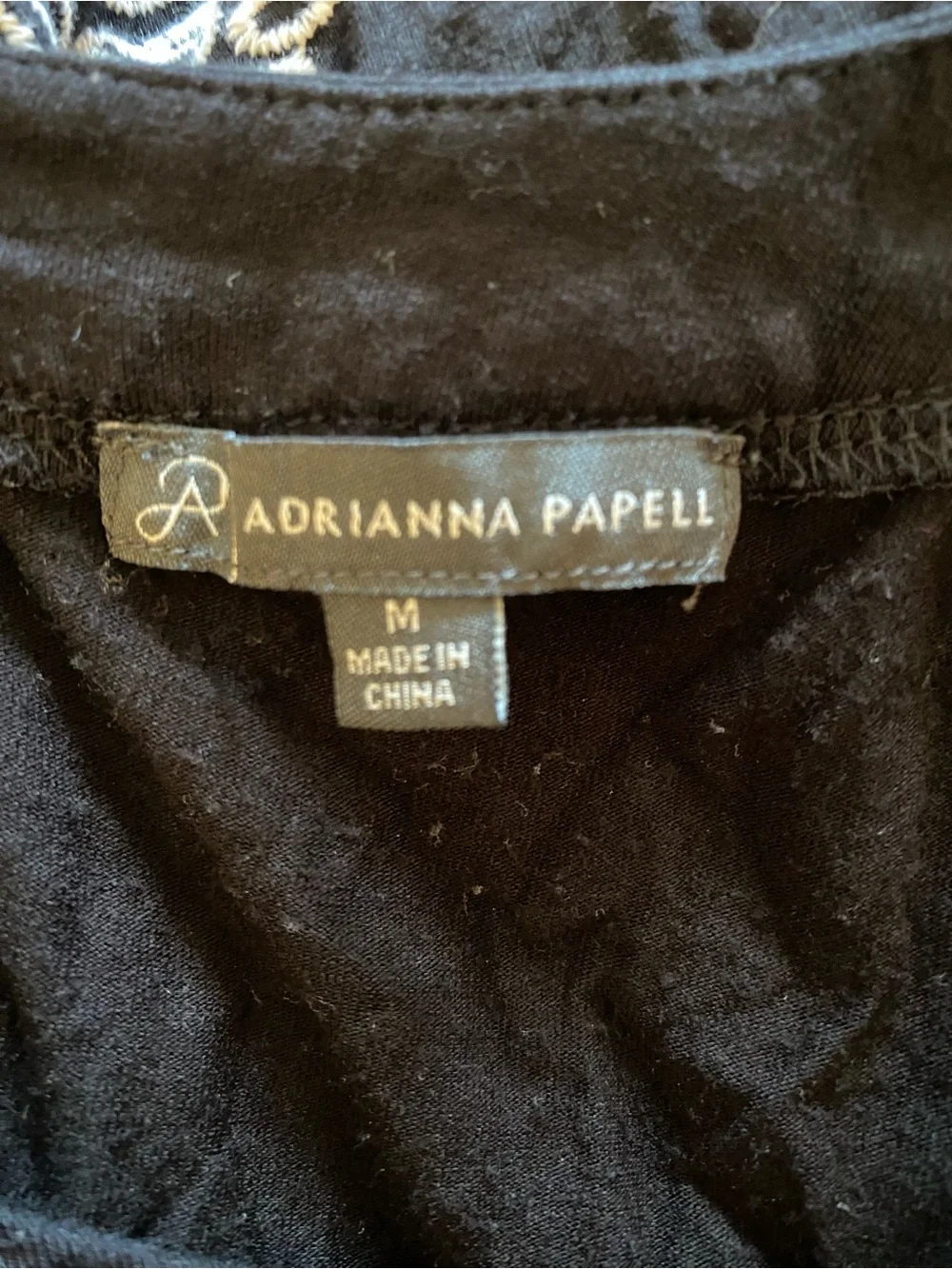 Adrianna Papell Black Sleeveless Top with White Embroidered Hem- Size Medium